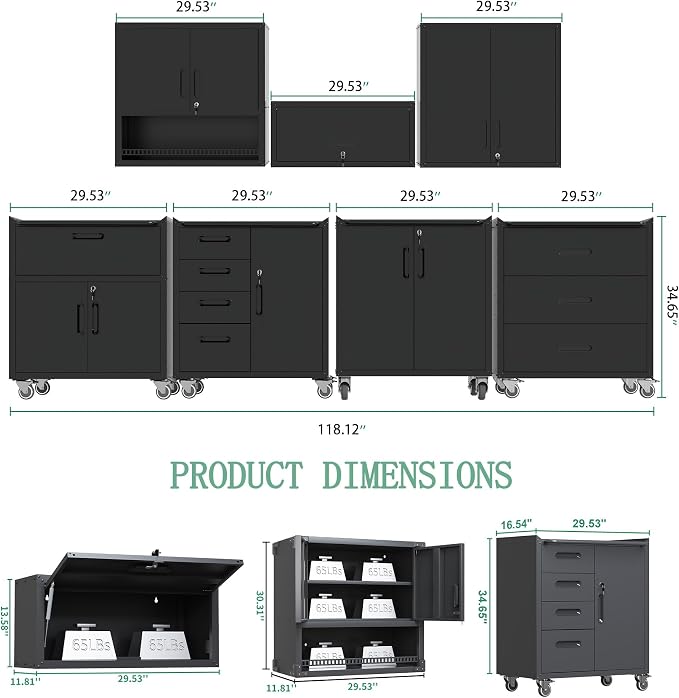 Garage Storage Cabinet System,Wall Cabinet & Locking Rolling Tool Cabinet with Doors and Adjustable Shelves