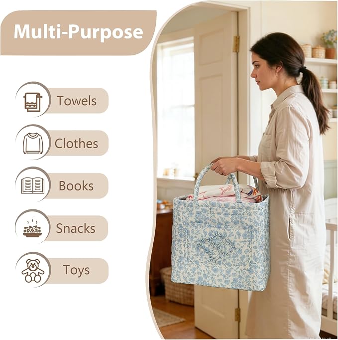 Storage Basket Boho Fabric Large Collapsible Floral Laundry Nursery Hamper Portable Folding Storage for Clothes Toys (Blue Floral B)