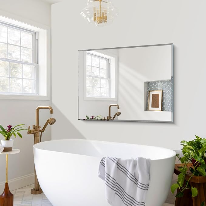 CILIBER Beveled Mirror, 30x40 Large Frameless Bathroom Mirrors for Wall, 3mm Tempered Glass Rectangle Vanity Mirror with Beveled Edge, Crystal-Clear, Hangs Horizontally or Vertically