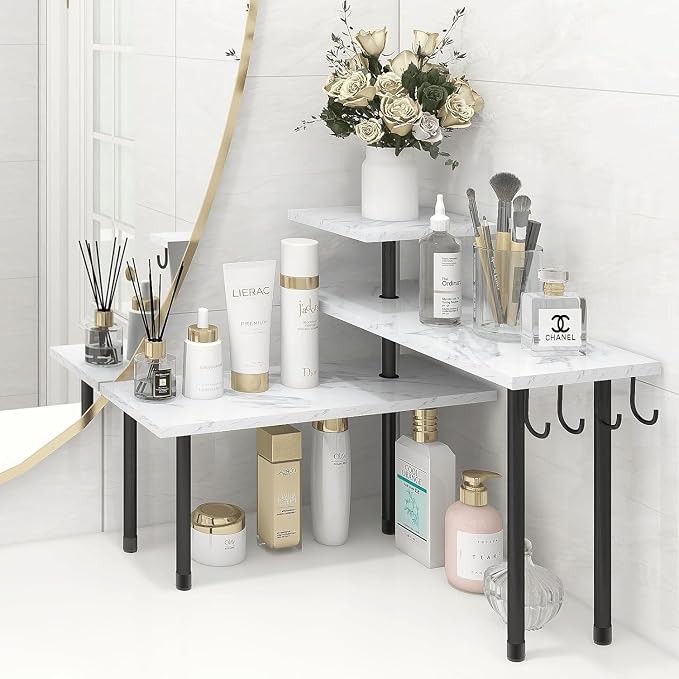 Bathroom Counter Corner Shelf, 3 Tier Kitchen Countertop Organizer for Over The Sink, Make Up, Dresser Table, White Marble