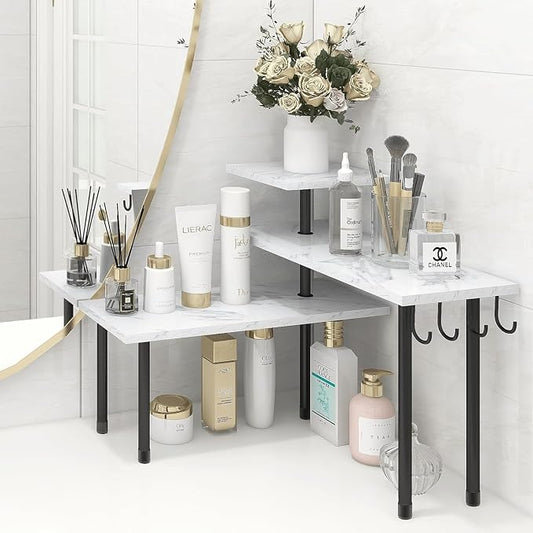 Bathroom Counter Corner Shelf, 3 Tier Kitchen Countertop Organizer for Over The Sink, Make Up, Dresser Table, White Marble