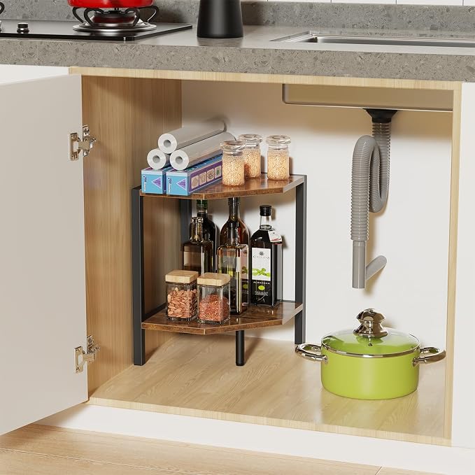 Creso hom Corner Shelf Stand, 2 Tier Industrial Corner Bookshelf | Multipurpose Standing Corner Display Shelf Countertop Organizer for Living Room Kitchen Bedroom Office, Rustic Brown