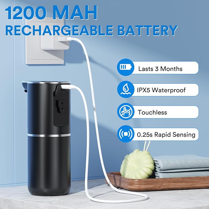 Automatic Foaming Soap Dispenser Touchless, Rechargeable Electric Hand ＆ Dish Soap Dispenser for Bathroom and Kitchen - Smart Digital Display, 6 Adjustable Level, 380ml, Wall Mounted, IPX5
