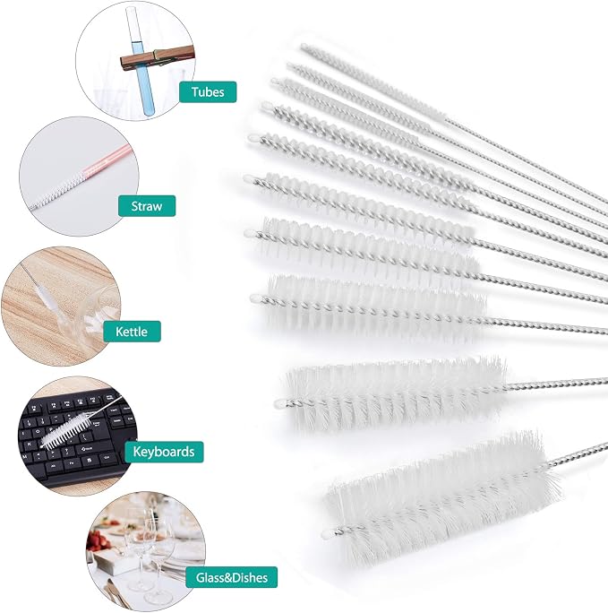 CiaraQ Bottle Cleaning Brushes, 8 Inch Nylon Tube Brush Set | White Cleaner for Narrow Neck Bottles Cups with Hook, Set of 10pcs.