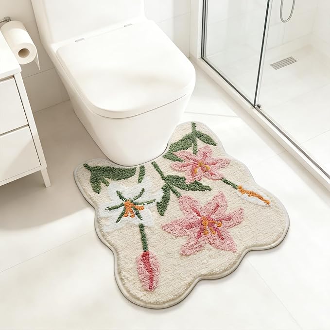 Lily Flower U-Shaped Toilet Mat, Romantic Floral Non-Slip Bath Rug with Wave Edge Design, Soft Absorbent Microfiber Floor Mat for Toilet Base, Machine Washable Bathroom Decor 20x22 (U-Shaped Lily) | Romantic Floral, Non-Slip Bath Rug, Wave Edge Design,...