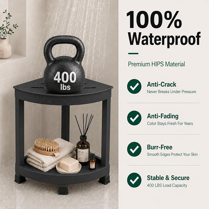 CROWNFURN Shower Foot Rest, HIPS Waterproof Shower Stool for Inside Shower, Corner Shower Bench for Shaving Legs with Baffle Storage Shelf for Small Space, Rapid Assembly DIY Combination Shelf (Black)