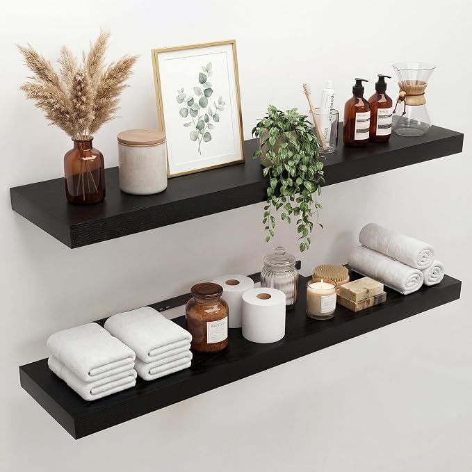 40 in Floating Shelves for Wall Decor Color Black,Pack 2 | Modern floating shelves for living room,bedroom,kitchen and bath.Organize & display books,photos and decor.easy mount,sturdy.