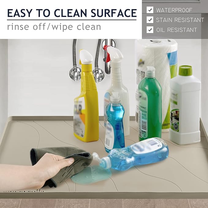 Heavy Duty Silicone Under Sink Mat for Kitchen&Bathroom 25" x 19", Waterproof Under Sink Rubber Mat Drip Tray, Raised Edge Under Sink Liner,Prevent Drips, Leaks, Spills,Brown