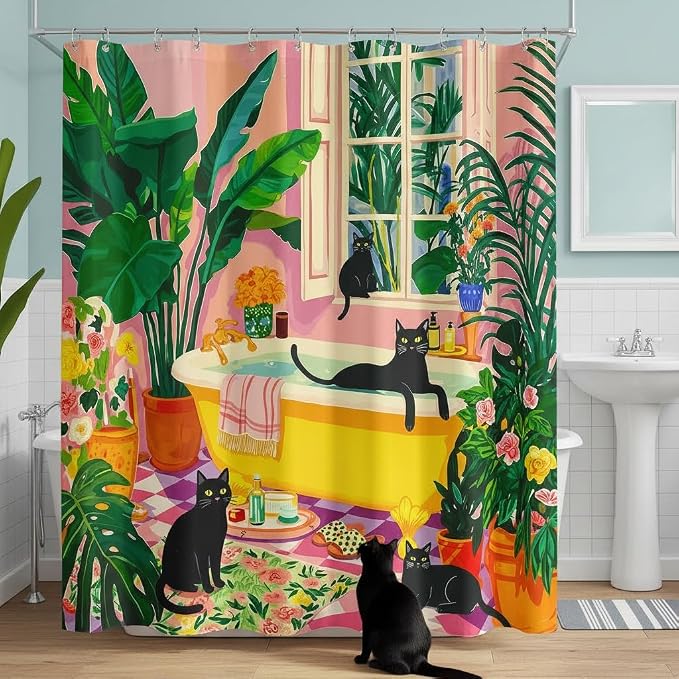 Accnicc Boho Cat Shower Curtain for Bathroom 72 X 84 Inches | Cute Funny Black Cats Matisse Extra Long Shower Curtains, Tropical Plant Bathroom Decor, Water-Resistant Washable Polyester