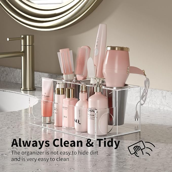 NIUBEE Acrylic Hair Tool Organizer,Hair Dryer Holder Countertop with 3 Cups | Clear, Hot Tools Organizer, Hair Blow Dryer Organizer for Curling Iron, Brush, Straightener, Makeup,Skincare,Vanity, Bathroom