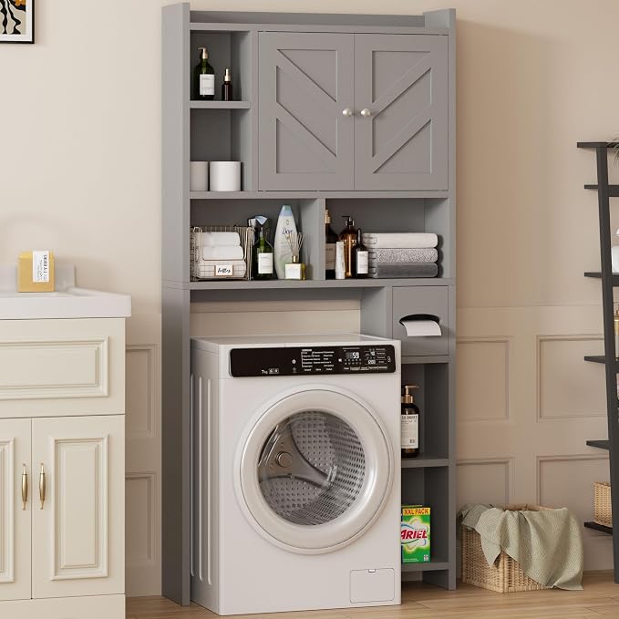 Shintenchi Over the Toilet Storage Cabinet, Bathroom Storage Cabient with Barn Doors, Bathroom Storage Shelf Organizer with Toilet Paper Holder, Adjustable Shelf and Anti-Tip Device, Gray