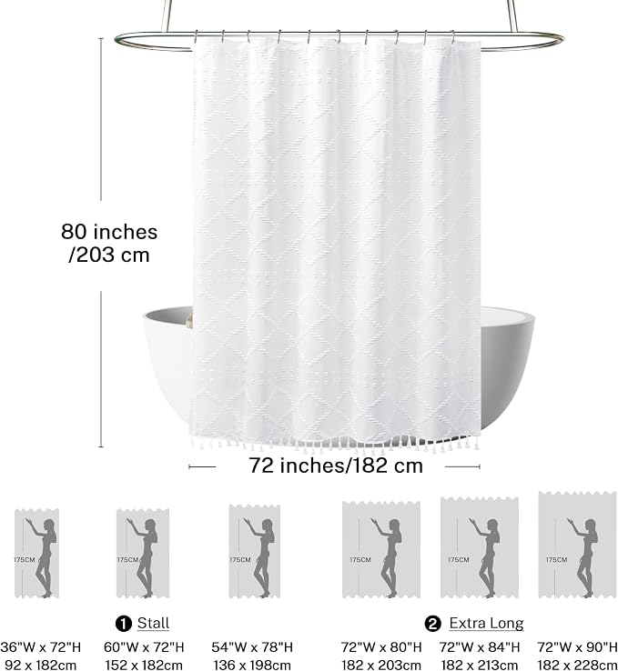 Extra Long White Textured Woven Fabric Boho Shower Curtain with Tassels 72 x 80 Modern Farmhouse Minimalist, Tufted Chevron Striped Shabby Chic, Water Resistant Cloth Curtain for Bathroom, Hotel Decor