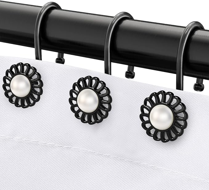 Black Sunflower Shower Curtain Hooks, 12Pcs Rustproof Metal Ring | Pearl inlaid sunflower, zinc alloy, rustproof, anti-fall S-shape, smooth glide, easy install, fits curtain & liner