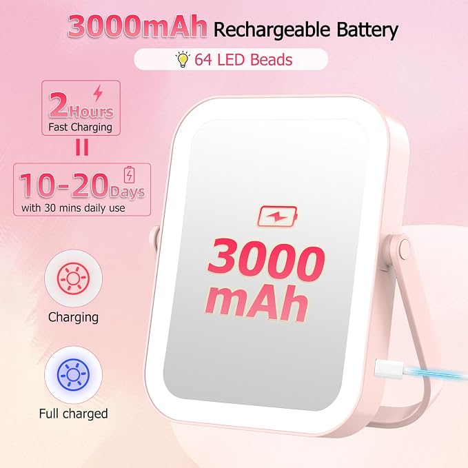 FUNTOUCH 3000mAh Rechargeable Travel Magnifying Mirror with Light, Pink | 2-Sided 30X Magnifying travel makeup mirror with 3-Color Lighting, Dimmable Touch Screen,Compact Vanity Mirror for Women Gift