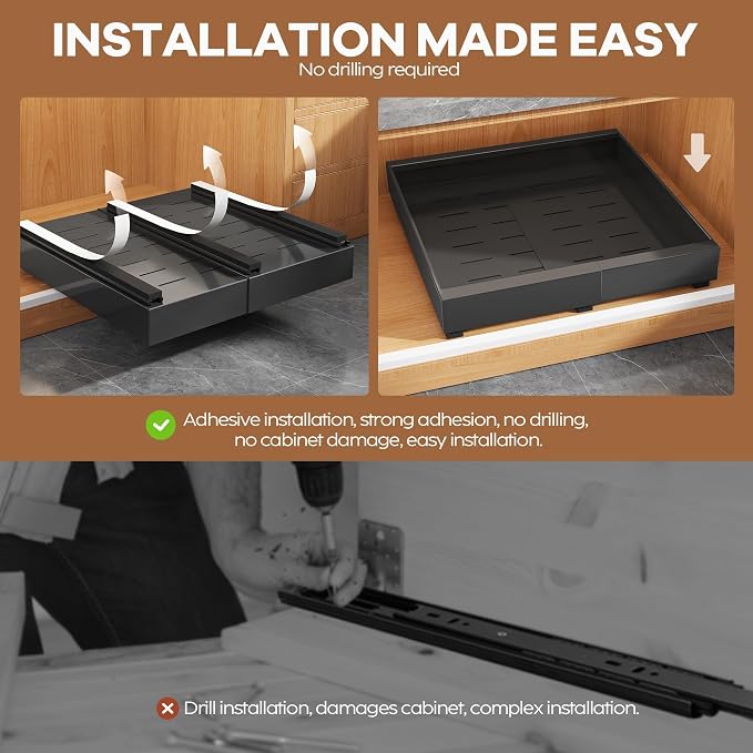 Seinloes 2Pack Expandable Pull Out Cabinet Organizer 21"Deep with Raising Pad for Framed Cabinets, Upgrade 3 Slide Rails Slide Out Drawers, Roll Out Shelves Adhesive,Adjustable Width 12.05"-20.4"Black