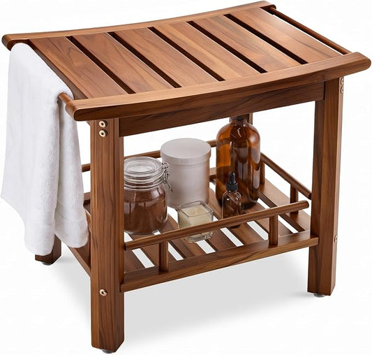 Saker 20inch Teak Shower Bench Wood Shower Stool Waterproof with Shelf | 100% Solid Shower Seat,2-Tier Shelf Non-Slip Feet wooden Shower Chair, 500 lb Capacity for Bathroom, Indoor & Outdoor Use