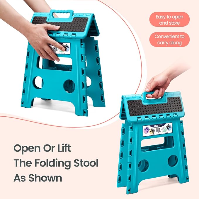 Delxo Folding Step Stool 13 Inch,300 Lbs Step Stool for Adults Blue | Foldable Step Stool 13",Non-Slip Foot Stools with Handle,Lightweight Collapsible stools for Kitchen,Bathroom,Bedroom,Garden