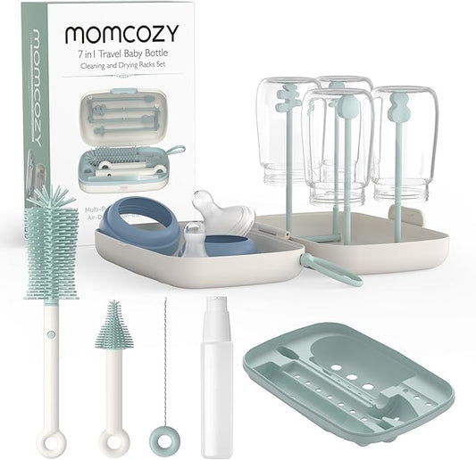 Momcozy 7-in-1 Baby Bottle Brush Set with Drying Rack, Green | Silicone Nipple Straw Brushes, Soap Dispenser Storage Box, Foldable Drain Rack, Portable Bag, BPA-Free, Home & Travel