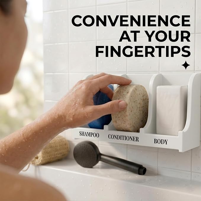 Soap Holder for Shower Wall, 3-Compartment Soap Dish for Shampoo, Conditioner and Body Soap, Fast Draining & Rust-Proof & Heavy Duty, Ultra-Strong Adhesive for Long-Term Bathroom Use & Freestanding