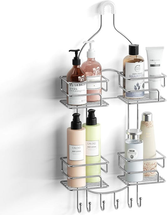 SRIWATANA Shower Caddy Hanging, Shower Organizer with Razor Hooks, Chrome | Rustproof Shower Rack, No Drilling Shelves Over Shower Head, Anti-Swing Scution Install, Bathroom Holder for Sponge Loofah