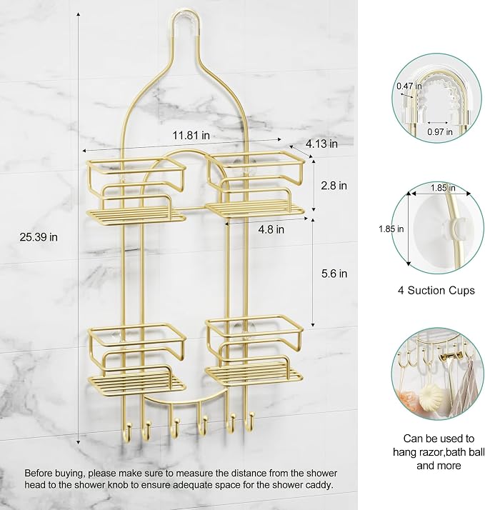 SRIWATANA Shower Caddy Hanging, Shower Organizer with Razor Hooks, Gold | Rustproof Shower Rack, No Drilling Shelves Over Shower Head, Anti-Swing Scution Install, Bathroom Holder for Sponge Loofah