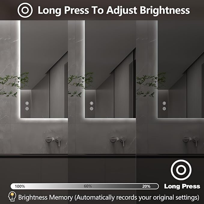 Niccy LED Bathroom Mirror, Backlit Mirror with Lights for Wall Frameless | Anti-Fog, 36"x24", 3 Color Dimmable, Lighted Bathroom Mirror for Wall, Memory Function, CRI>90, HD Glass, Horizontal/Vertical