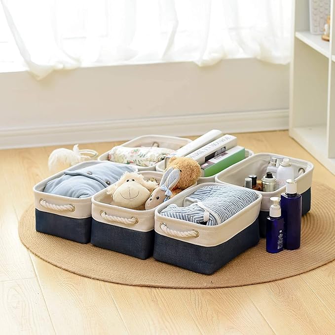 Storage Bins for Shelves - 12x8x5.2 inch 1 Pack Baskets for Gifts Empty, Fabric Storage Cubes for Closet Organizing Dog Gift Cloth Toy (White & Jean Blue)