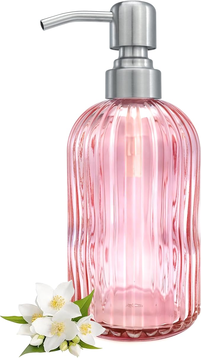 16 OZ Pink Glass Soap Dispenser Glass Soap Dispenser,Clear Pink Stripe Bathroom Hand Soap Dispensers with Stainless Steel Pump, Pink Kitchen Hand Soap Dispenser with Brushed Nickel Pump