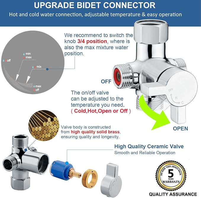 SonTiy Hot and Cold Bidet Mixing Valve Kit, Upgrade Brass 4 Way Warm Bidet T-adapter valve for Handheld Toilet Sprayer Seat Bidet Attachment with Two Tee Connector and 79inch Shower Hose