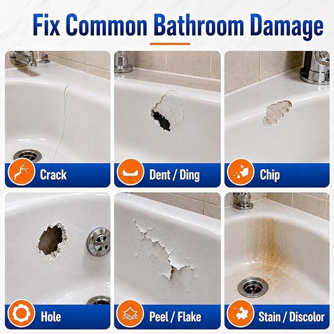 Tub Repair Kit White, Bathtub Repair Kit for Enamel, Fiberglass, Acrylic | For Chips, Cracks, Scratches, Holes & Rust on Porcelain, Patch & Repairs Cast Iron Tubs, Toilet, Sink, Shower Pan in Bathroom