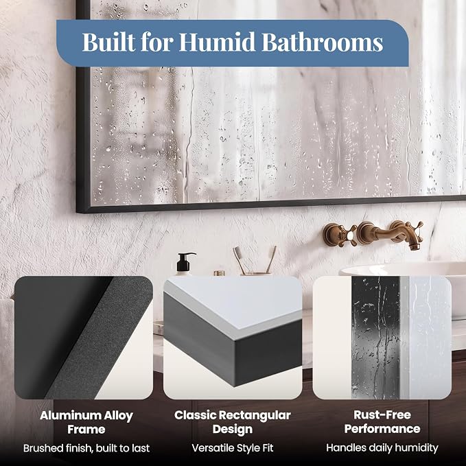 DUMOS Bathroom Mirror for Over Sink, 48"x30" Rectangle Wall Mount Mirror | Modern Vanity Mirrors with Tempered Glass and Metal Frame, Anti-Rust, Horizontal or Vertical for Home Decor, Black