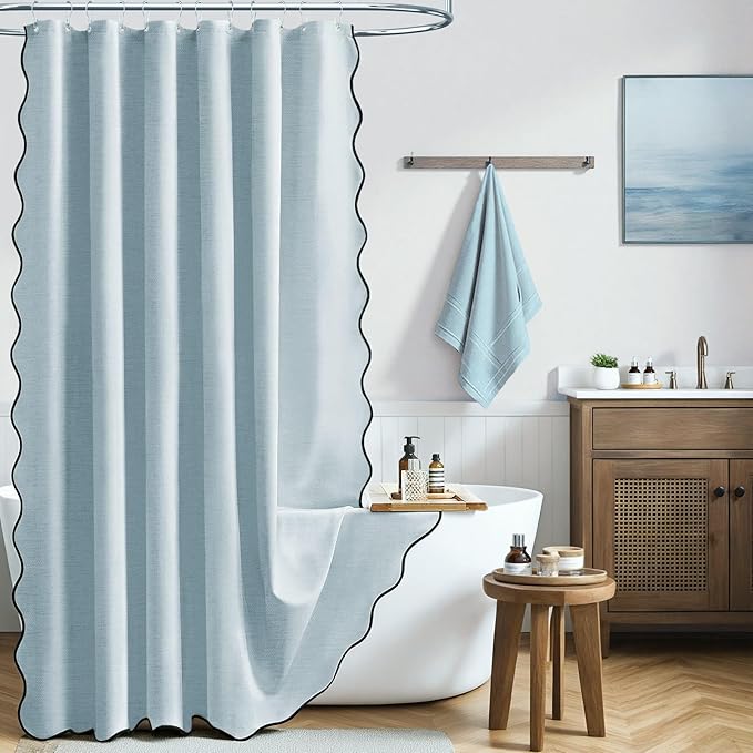 72x90 Boho Scalloped Linen Textured Cloth Shower Curtain Set, Fog Blue | Long Size, 230GSM Waterproof Polyester, Heavy Duty Fabric, 12 Plastic Hooks, Elegant Modern Farmhouse Style, Machine Washable