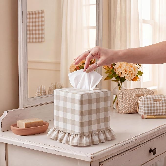 Brown Gingham Tissue Box with Ruffled Cover Cottagecore Handmade Decorative Gingham Napkin Holder for Home Bedroom Living Room Bathroom Vanity Countertop Car Office Kitchen