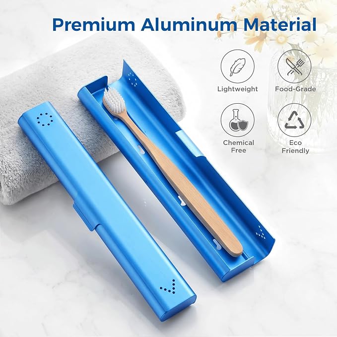 Toothbrush Travel Case Aluminum, Portable Toothbrush Holders Travel, Manual Toothbrush Case Container for Traveling, Bathroom, Camping, Business Trip-1Pack Blue