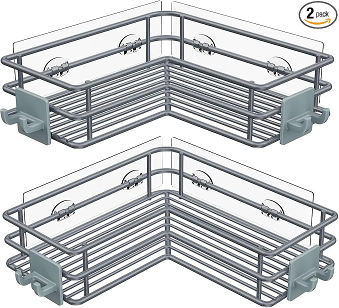 Nieifi Corner Shower Shelves, Adhesive Shower Caddy, Bathroom Organization | Stainless steel, 2 pack, wall mounted, bathroom shelves, shampoo and soap holder, bathtub storage, with hooks, gray