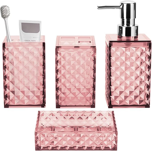 Bathroom Accessory Set, Grid Pattern 4 Pcs Plastic Bathroom Set, Pink | Include Soap Dispenser, Soap Dish, Toothbrush Holder, Mouthwash Cup, Modern Bathroom Decor Set