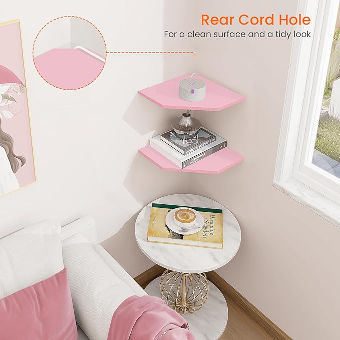 Corner Floating Shelves, Corner Wall Shelf with Cord Hole, 2 Tier Wood Hanging Corner Shelf for Bathroom, Bedroom, Living Room, Pink
