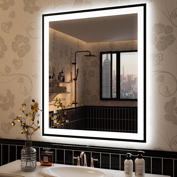 ISKM 36x30 Framed LED Bathroom Mirror, Dimmable Front & Backlit, Anti-Fog | 3 Color Temps(3000K/4000K/6000K), Stepless Dimming 10%-100%,Shatterproof Tempered Glass, IP65 Waterproof,Plug-In or Hardwired