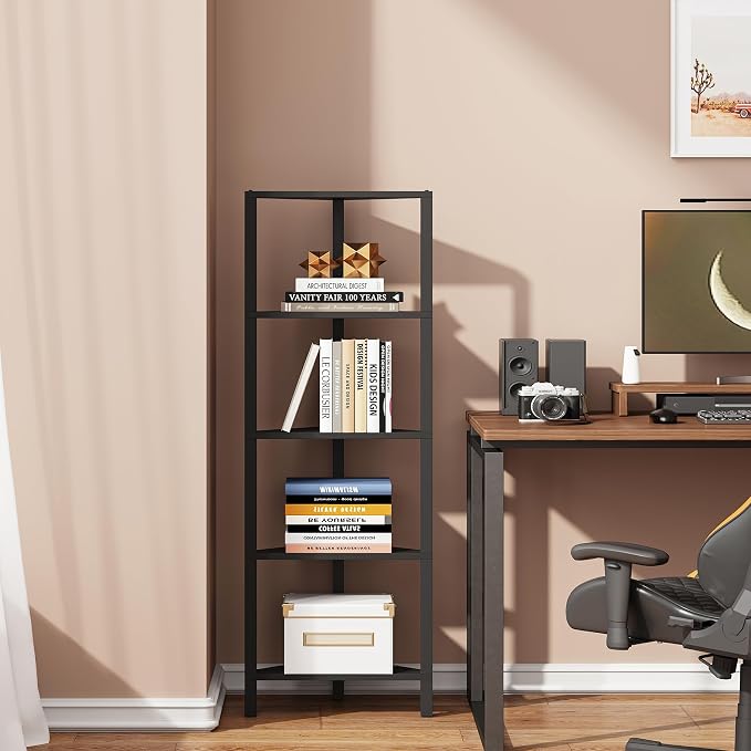 TUTOTAK Corner Shelf, 5-Tier Corner Bookshelf for Small Space | Narrow Display Corner Shelf Stand with Storage Rack, for Living Room, Bedroom, Black BS05BK005