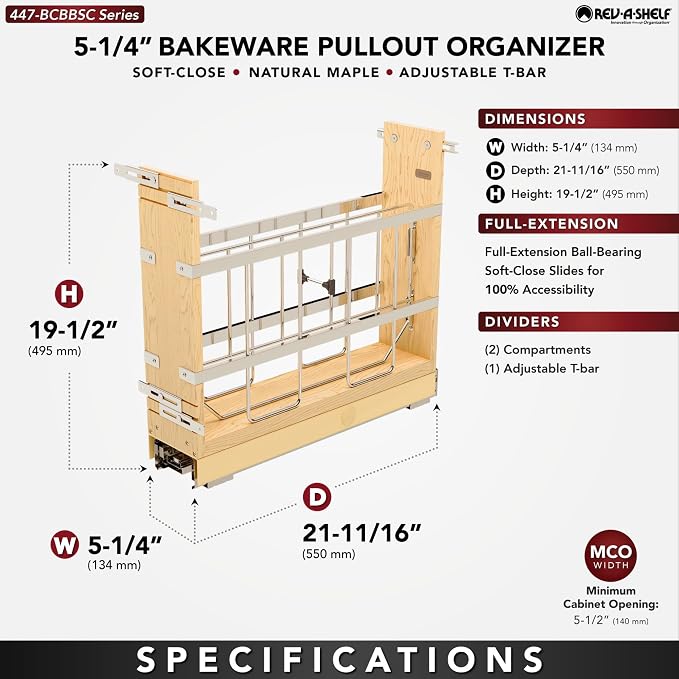 Rev-A-Shelf Pullout Bakeware Organizer w/Soft-Close, Min Opening 5.5" Wide | Wooden Storage Organization w/ Ball Bearing Slides, Full Height Base Kitchen Cabinets, Foil Wrap/Tray Divider, 447-BCBBSC-5C