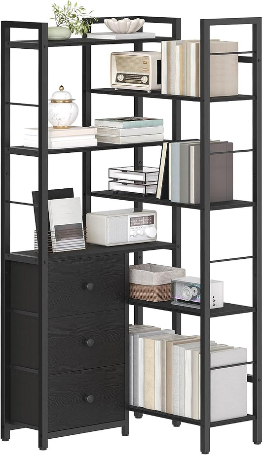 Corner Bookshelf, 7 Tier L-Shaped Bookcase with 3 Drawers, Storage Corner Shelf, Freestanding Tall Display Shelf, Industrial Style, for Living Room, Home Office, Black SJ10BB