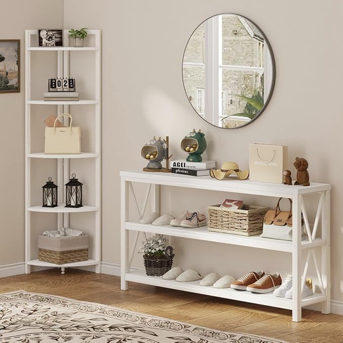 Tall Corner Shelf, 5 Tier Modern Corner Bookshelf Stand, Wood and Metal Corner Plant Bookcase for Living Room, Home Office (White Oak)