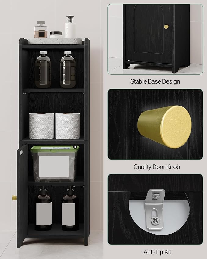 Hzuaneri Bathroom Storage Cabinet, Narrow Toilet Paper Cabinets with Doors | Small Corner Floor Cabinet with Doors and Adjustable Shelf, Bathroom Organizer for Small Spaces, Black BC29704X