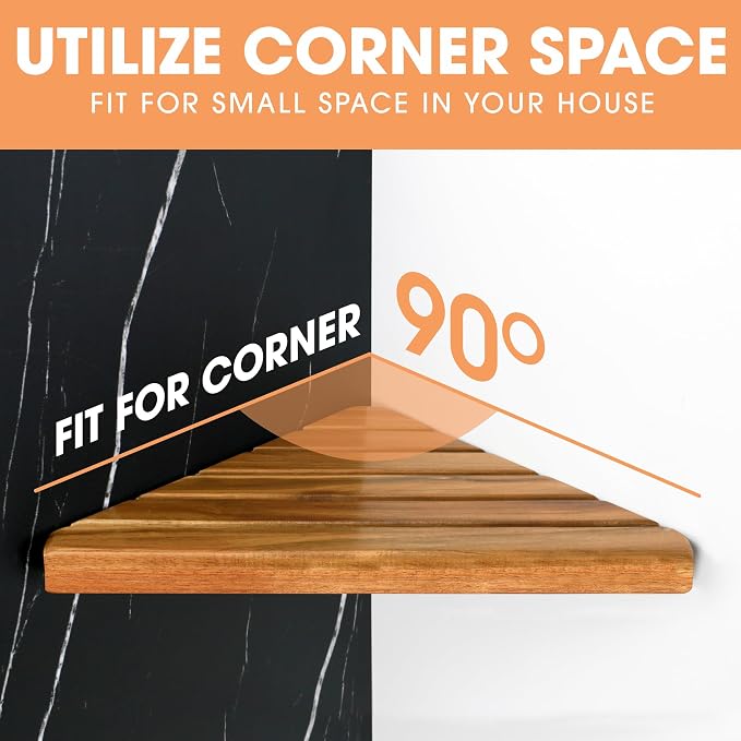 ENKEZI Acacia 2,3 Tiers Corner Shower Shelf, Triangular Corner Shelf Wooden Bathroom Shelf for Tiled Wall, Shower Corner Shelf, No Drilling Requied (2)