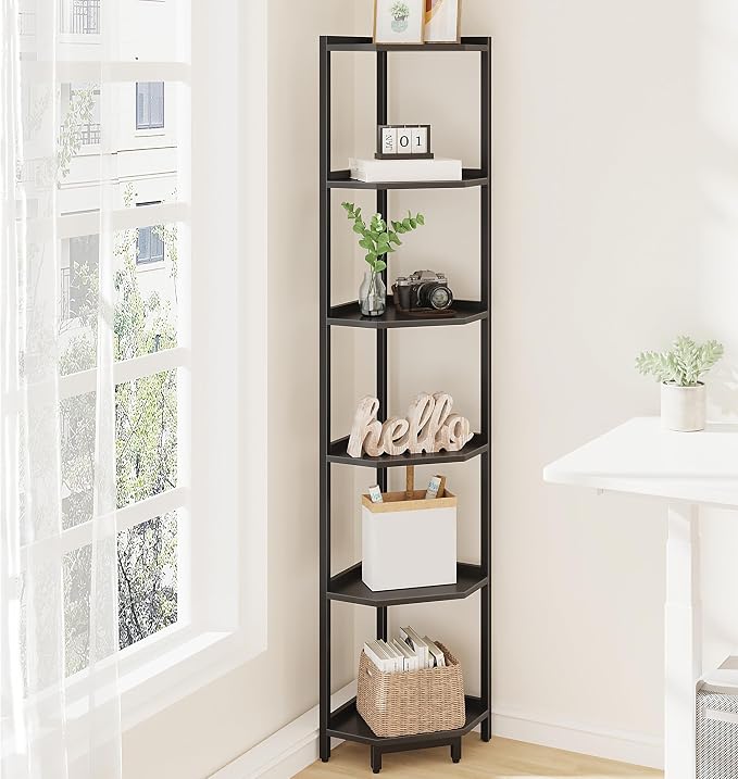 Hzuaneri Corner Shelf Stand 6-Tier Corner Bookshelf Storage Standing Shelf | Bookcase Plant Stand with Metal Frame for Living Room, Home Office, Bedroom, Black CS06006B