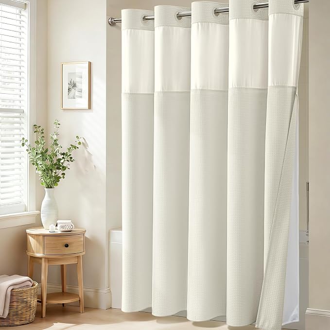 Cream Hook Free Waffle Shower Curtain & Snap-in Fabric Liner,60x75 | Less Time to install, 3 in 1 Fabric Shower Curtain and Liner Set with Magnets, Stall, Shower Curtains for Bathroom