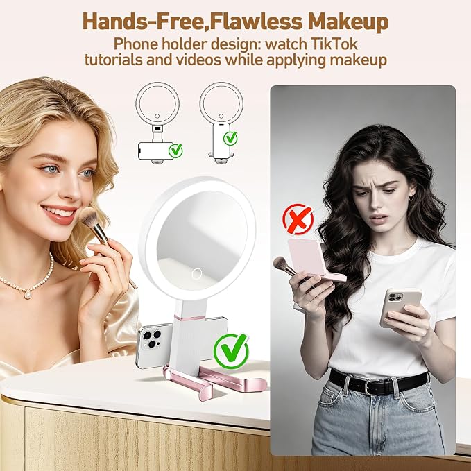 30X Travel Magnifying Mirror with Light, Height Adjustable Vanity Mirror with Phone Holder Stand, Portable Compact Handheld Makeup Mirror with Smart Display for Travel, Daily Makeup Use, Rosegold