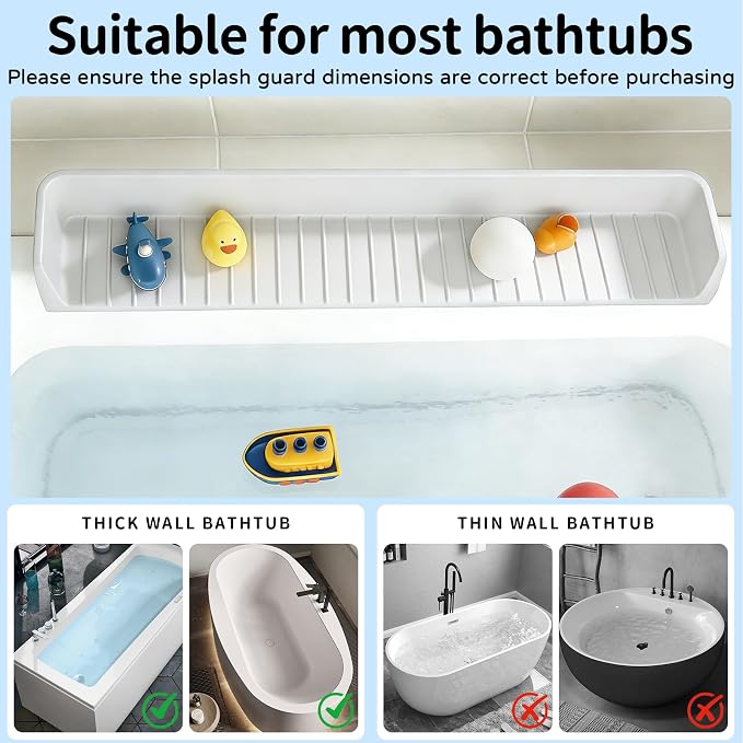 Splash Guard for Bathtub, 31-Inch Silicone Tub Toy Tray for Kids | Bathtub Splash Guard for Kids, Tub Edge Guard with Toy Holder Shelf to Help Reduce Spills and Keep Floors Dry