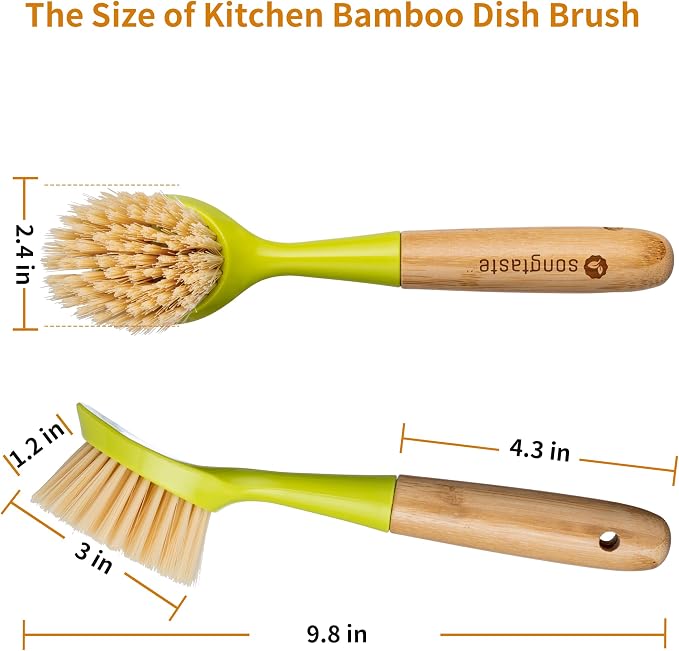 2 Pack Kitchen Dish Brush Bamboo Handle Dish Scrubber Built-in Scraper | Scrub Brush for Pans, Pots, Kitchen Sink Cleaning, Dishwashing and Cleaning Brushes are Perfect Cleaning Tools, Color-Green