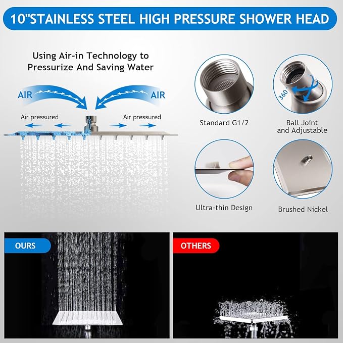 Shower Head Combo,10" Brushed Nickel High Pressure with 11" Extension Arm | Rain Shower Head with 5 Settings Handheld Shower Head Combo,Powerful Shower Spray Against Low Pressure Water